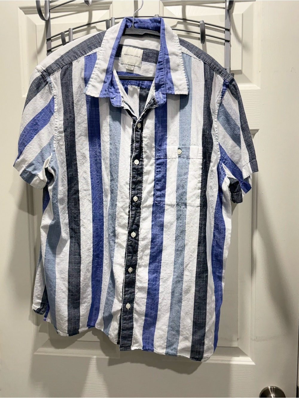 American Eagle Outfitters Striped Short-Sleeve Button-Down - Blue/White/Gray